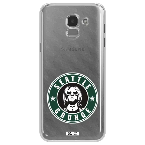 a logo with a man wearing sunglasses Samsung J6 Clear TPU Case