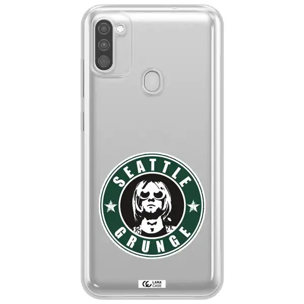 a logo with a man wearing sunglasses Samsung M11 Clear TPU Case