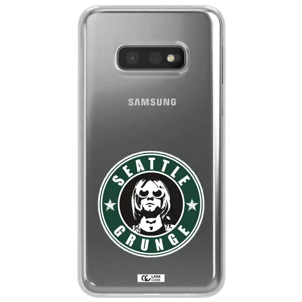 a logo with a man wearing sunglasses Samsung S10e Clear TPU Case