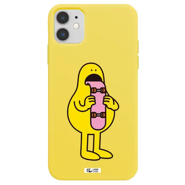 a cartoon character holding a skateboard Apple iPhone 11 Silicone canary yellow Case