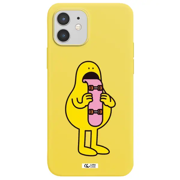 a cartoon character holding a skateboard Apple iPhone 12 Silicone canary yellow Case