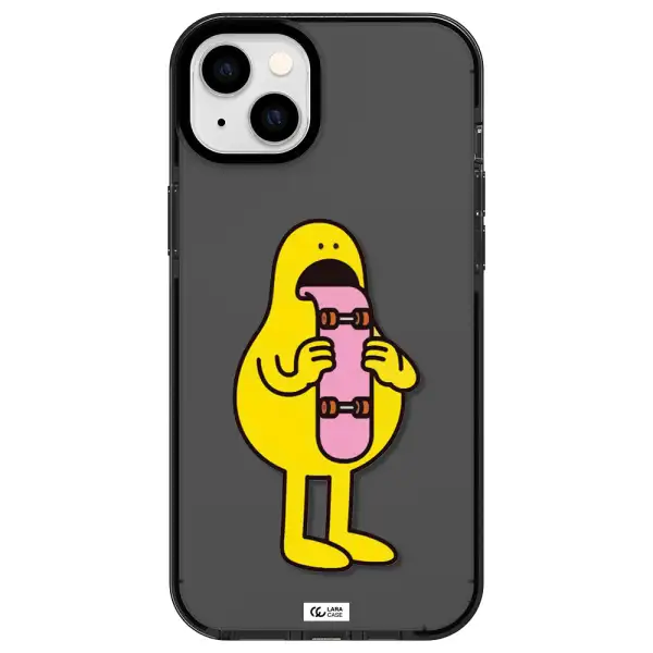 a cartoon character holding a skateboard Apple iPhone 14 plus impact Smoke Black Case