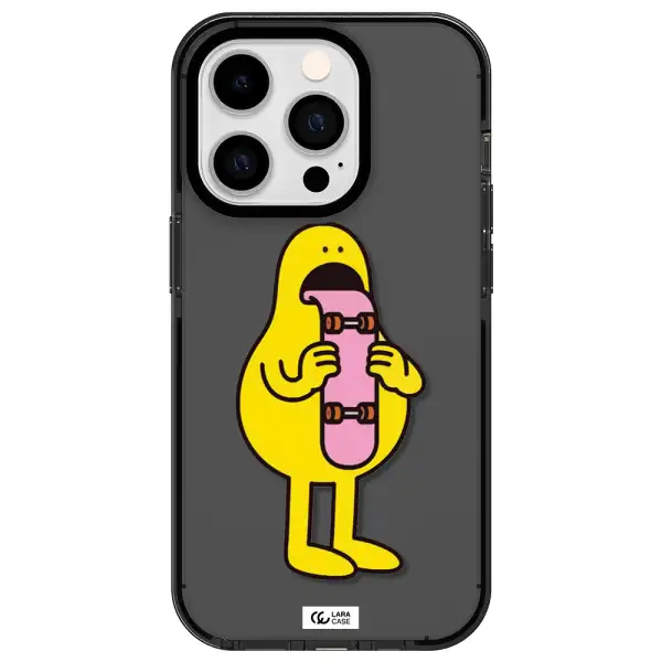 a cartoon character holding a skateboard Apple iPhone 14 pro impact Smoke Black Case