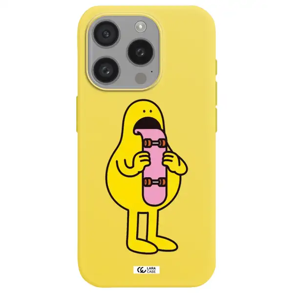 A Cartoon Character Holding A Skateboard Apple Iphone 15 Pro Silicone Canary Yellow Case