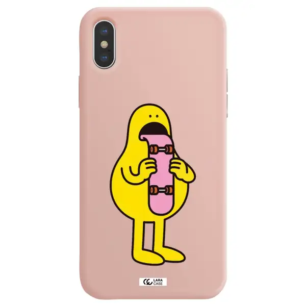 a cartoon character holding a skateboard Apple iPhone XS Silicone pastel pink Case