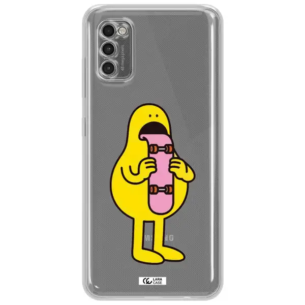 A Cartoon Character Holding A Skateboard Samsung A41 Clear Tpu Case