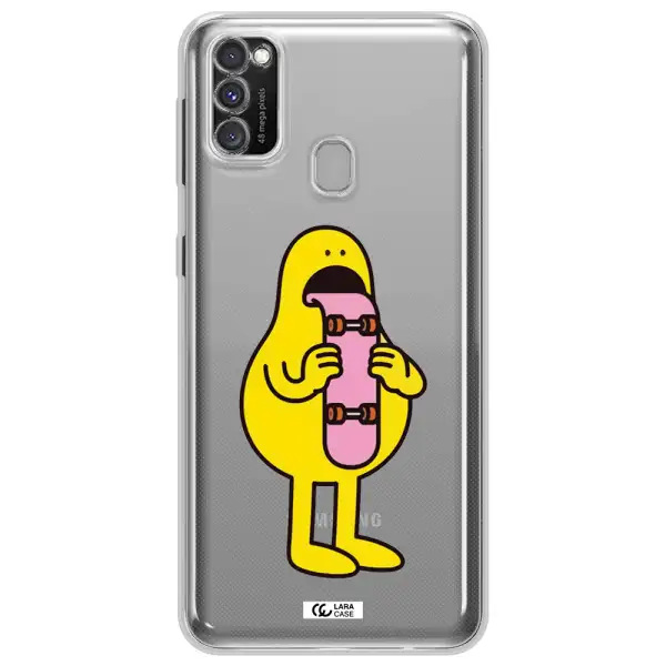a cartoon character holding a skateboard Samsung M30S Clear TPU Case