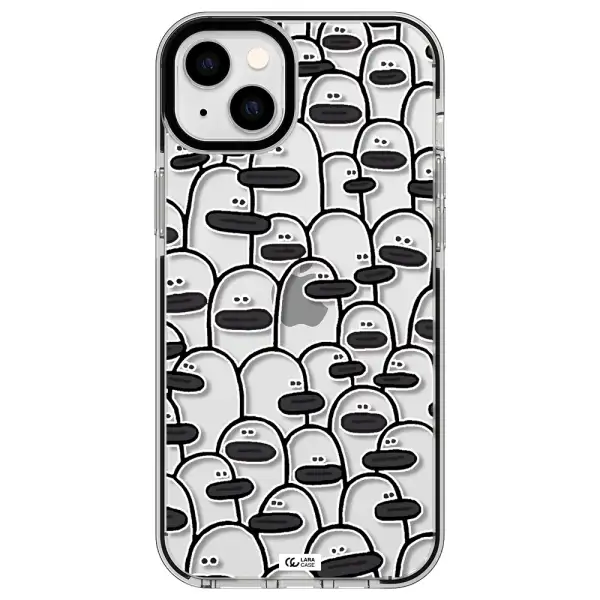 a group of white and black cartoon characters Apple iPhone 14 plus impact black border Case
