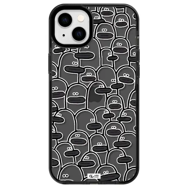 a group of white and black cartoon characters Apple iPhone 14 plus impact Smoke Black Case