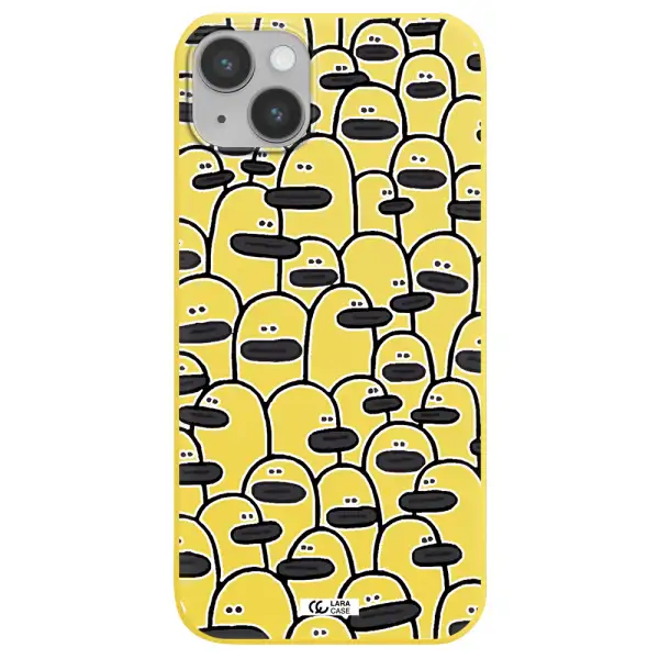 a group of white and black cartoon characters Apple iPhone 14 Silicone canary yellow Case