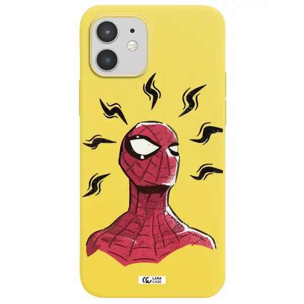 a cartoon of a red spider man Apple iPhone 12 Silicone canary yellow Case