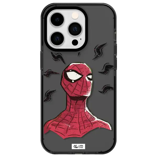 a cartoon of a red spider man Apple iPhone 14 pro impact Smoke Black Case