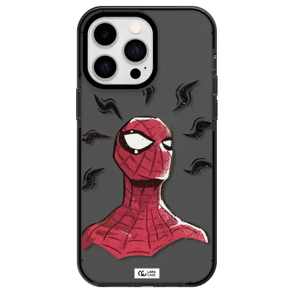 a cartoon of a red spider man Apple iPhone 14 pro max impact Smoke Black Case