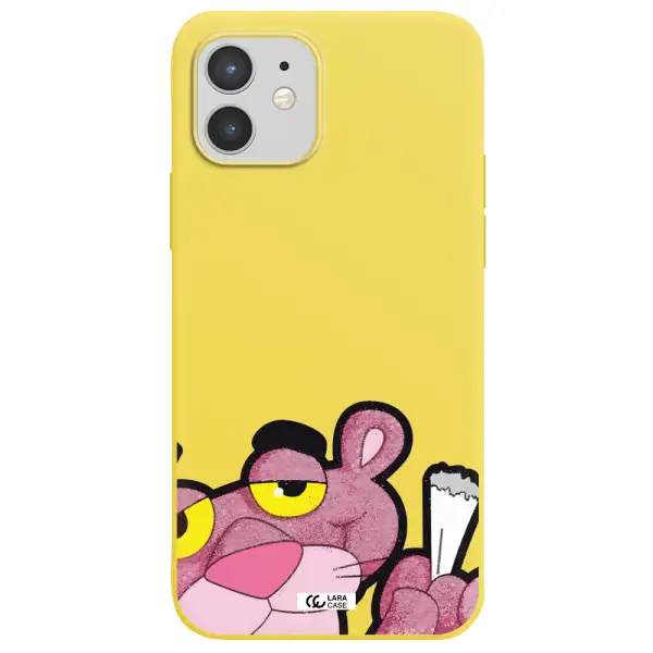 a cartoon of a pink bear Apple iPhone 12 mini Silicone canary yellow Case