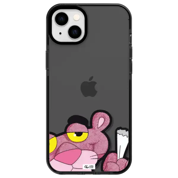a cartoon of a pink bear Apple iPhone 14 plus impact Smoke Black Case