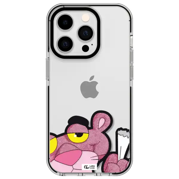 a cartoon of a pink bear Apple iPhone 14 pro impact black border Case