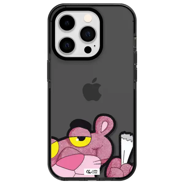 a cartoon of a pink bear Apple iPhone 14 pro impact Smoke Black Case