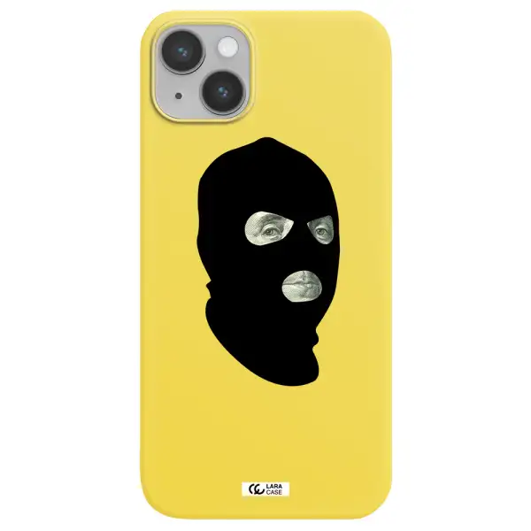 a person wearing a mask Apple iPhone 14 Silicone canary yellow Case