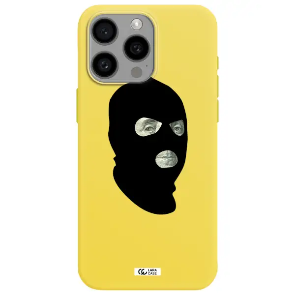 a person wearing a mask Apple Iphone 15 Pro max Silicone canary yellow Case