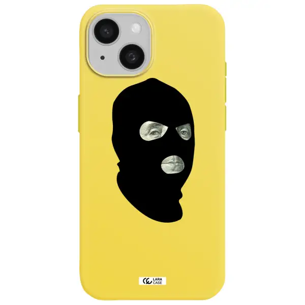a person wearing a mask Apple iPhone 15 Silicone canary yellow Case