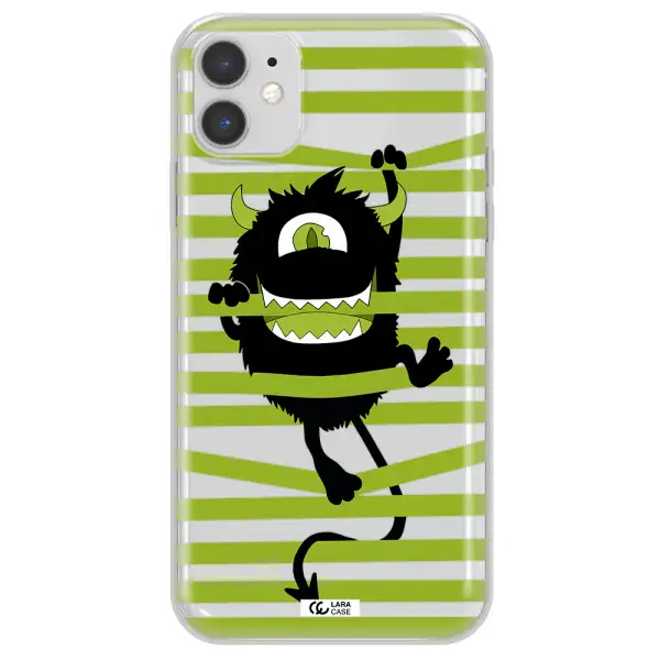 a black monster with horns and green stripes Apple iPhone 11 Clear TPU Case