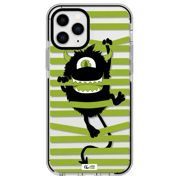 a black monster with horns and green stripes Apple iPhone 11 pro impact black border Case