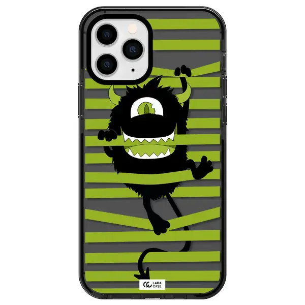 a black monster with horns and green stripes Apple iPhone 11 pro max impact Smoke Black Case