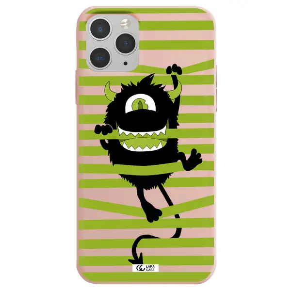 a black monster with horns and green stripes Apple iPhone 11 pro max Silicone pastel pink Case