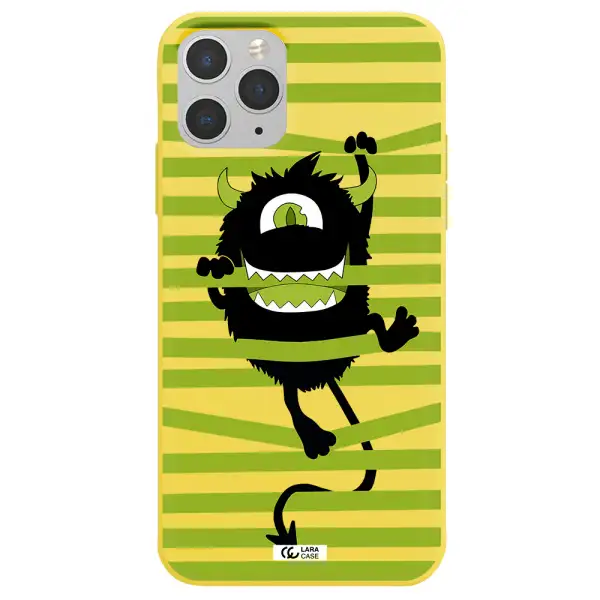 a black monster with horns and green stripes Apple iPhone 11 pro Silicone canary yellow Case