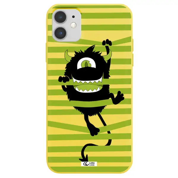 a black monster with horns and green stripes Apple iPhone 11 Silicone canary yellow Case