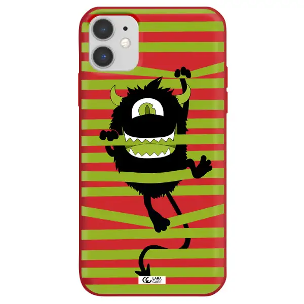a black monster with horns and green stripes Apple iPhone 11 Silicone Imperial Red Case