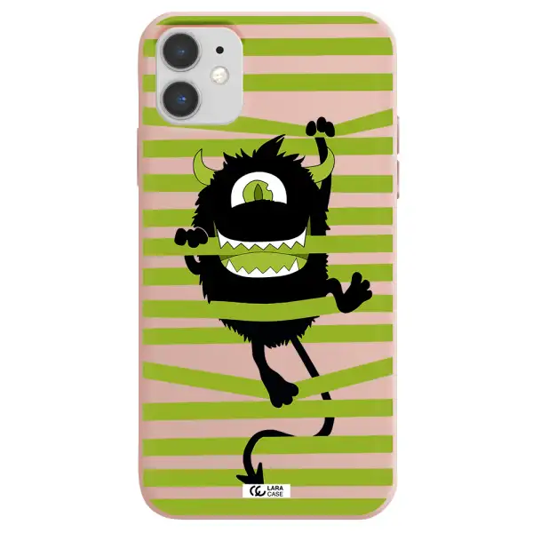 a black monster with horns and green stripes Apple iPhone 11 Silicone pastel pink Case