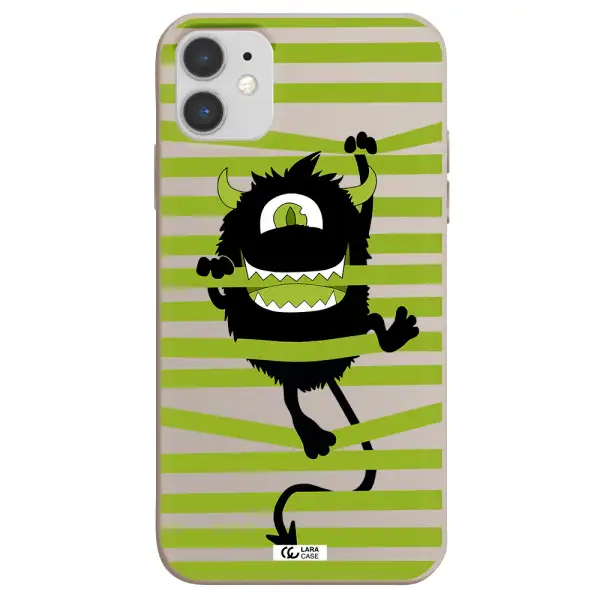 a black monster with horns and green stripes Apple iPhone 11 Silicone Stone Case