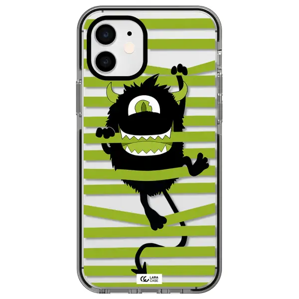 a black monster with horns and green stripes Apple iPhone 12 impact black border Case