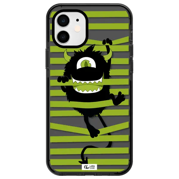 a black monster with horns and green stripes Apple iPhone 12 impact Smoke Black Case