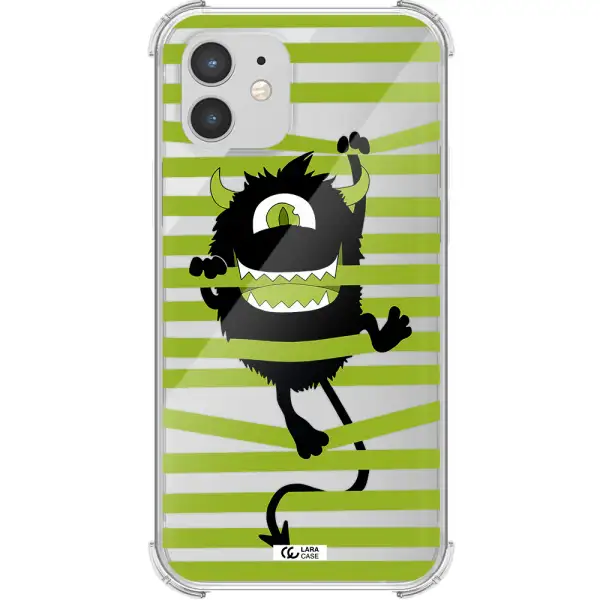 a black monster with horns and green stripes Apple iPhone 12 mini Clear PC Case