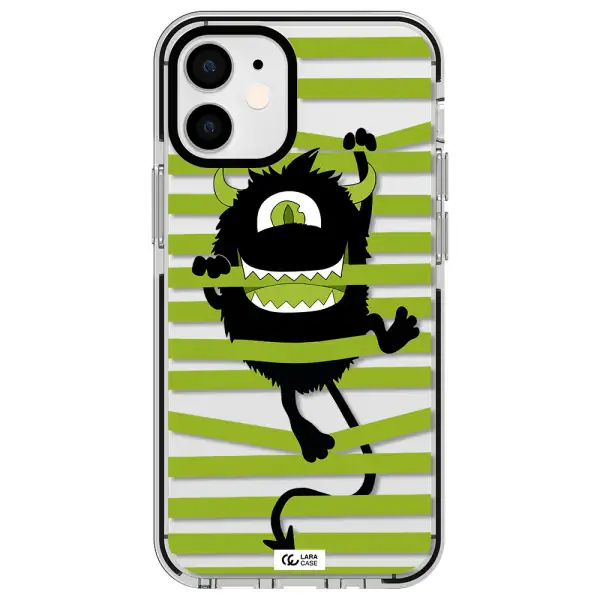 a black monster with horns and green stripes Apple iPhone 12 mini impact black border Case