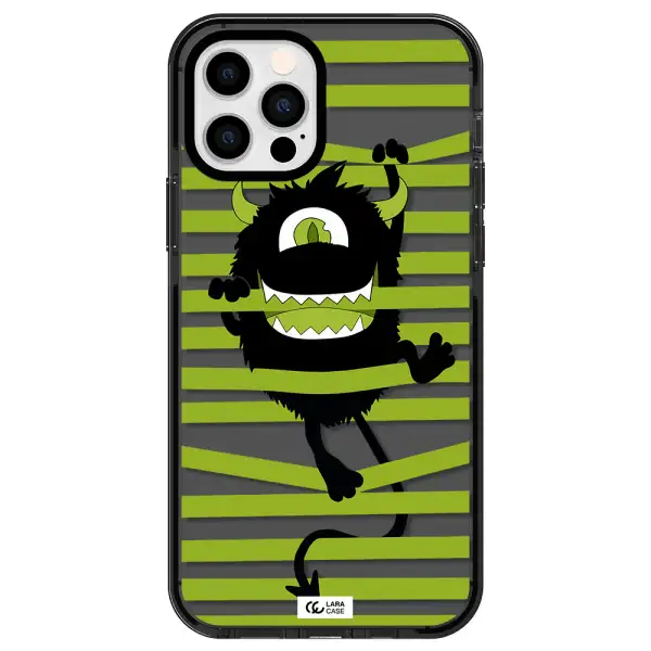 a black monster with horns and green stripes Apple iPhone 12 pro impact Smoke Black Case