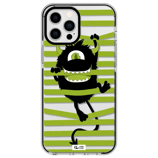a black monster with horns and green stripes Apple iPhone 12 pro max impact black border Case