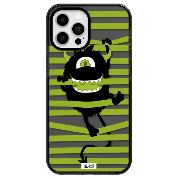 a black monster with horns and green stripes Apple iPhone 12 pro max impact Smoke Black Case
