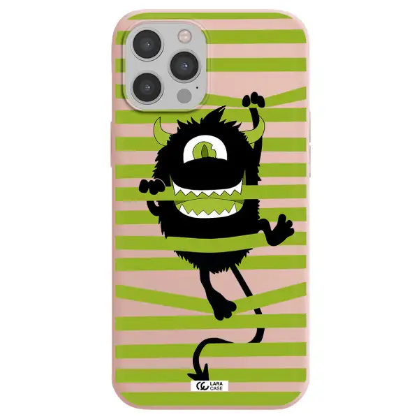 a black monster with horns and green stripes Apple iPhone 12 pro max Silicone pastel pink Case