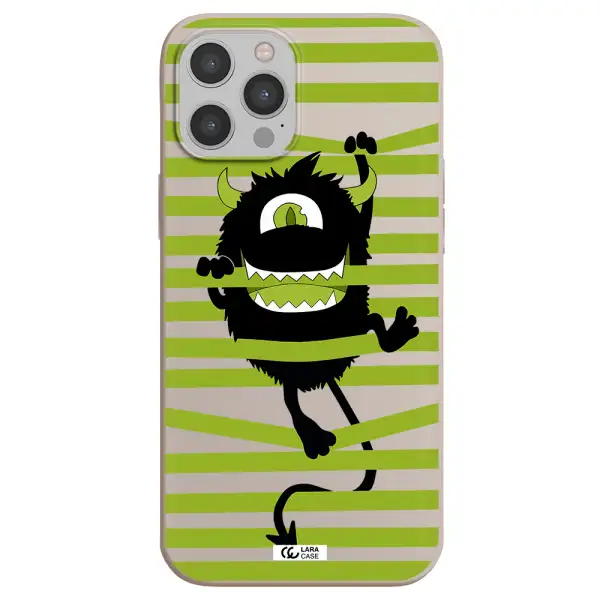 a black monster with horns and green stripes Apple iPhone 12 pro Silicone Stone Case