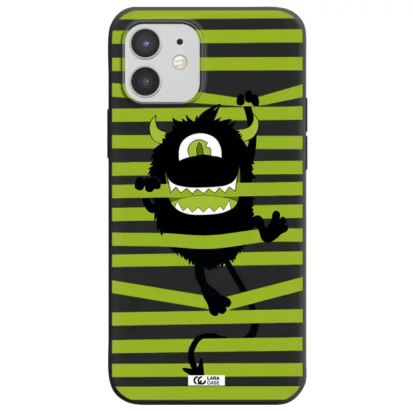 a black monster with horns and green stripes Apple iPhone 12 Silicone black Case