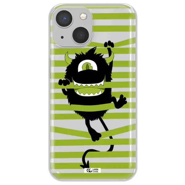 a black monster with horns and green stripes Apple iPhone 13 Clear TPU Case