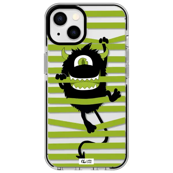 a black monster with horns and green stripes Apple iPhone 13 impact black border Case