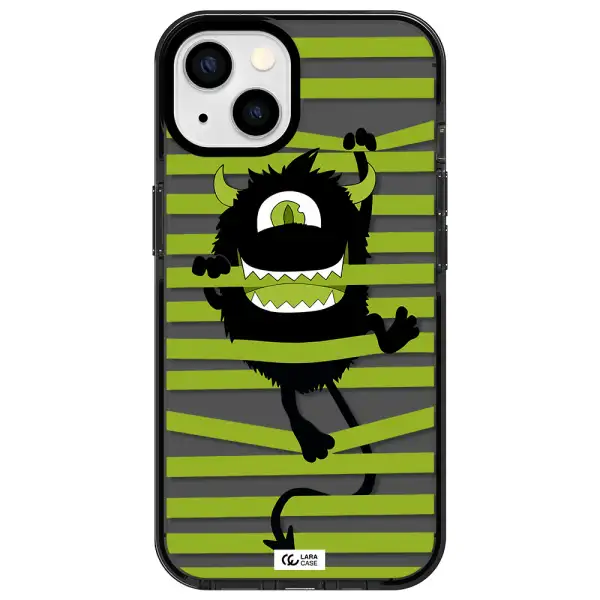 a black monster with horns and green stripes Apple iPhone 13 impact Smoke Black Case