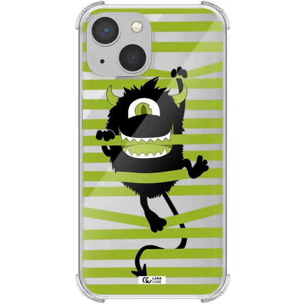 a black monster with horns and green stripes Apple iPhone 13 mini Clear PC Case