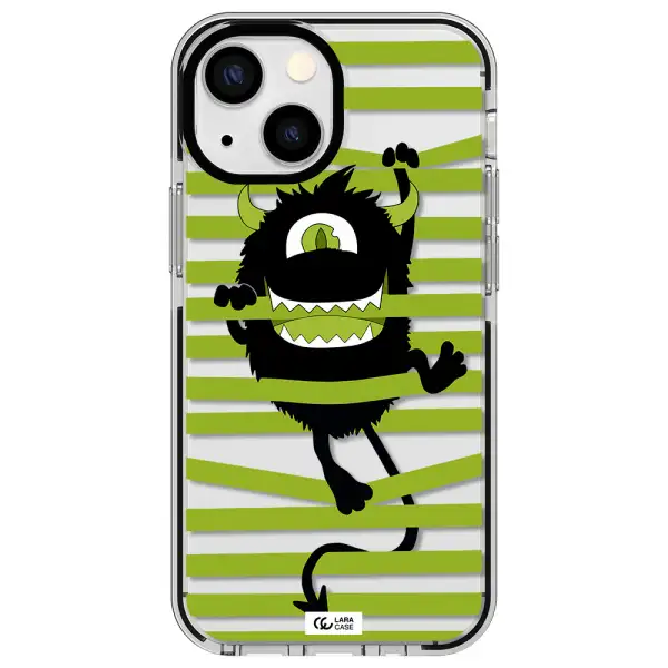 a black monster with horns and green stripes Apple iPhone 13 mini impact black border Case