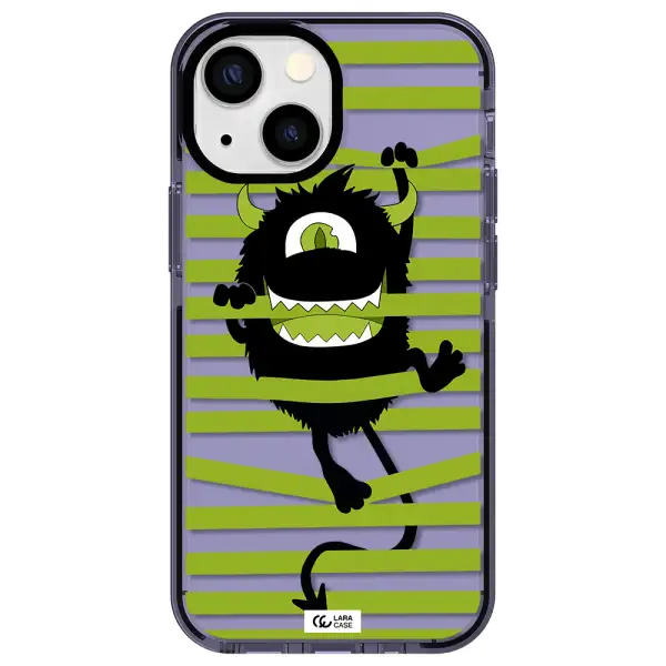a black monster with horns and green stripes Apple iPhone 13 mini impact Lilac Case