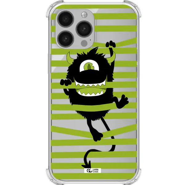 a black monster with horns and green stripes Apple iPhone 13 Pro Clear PC Case